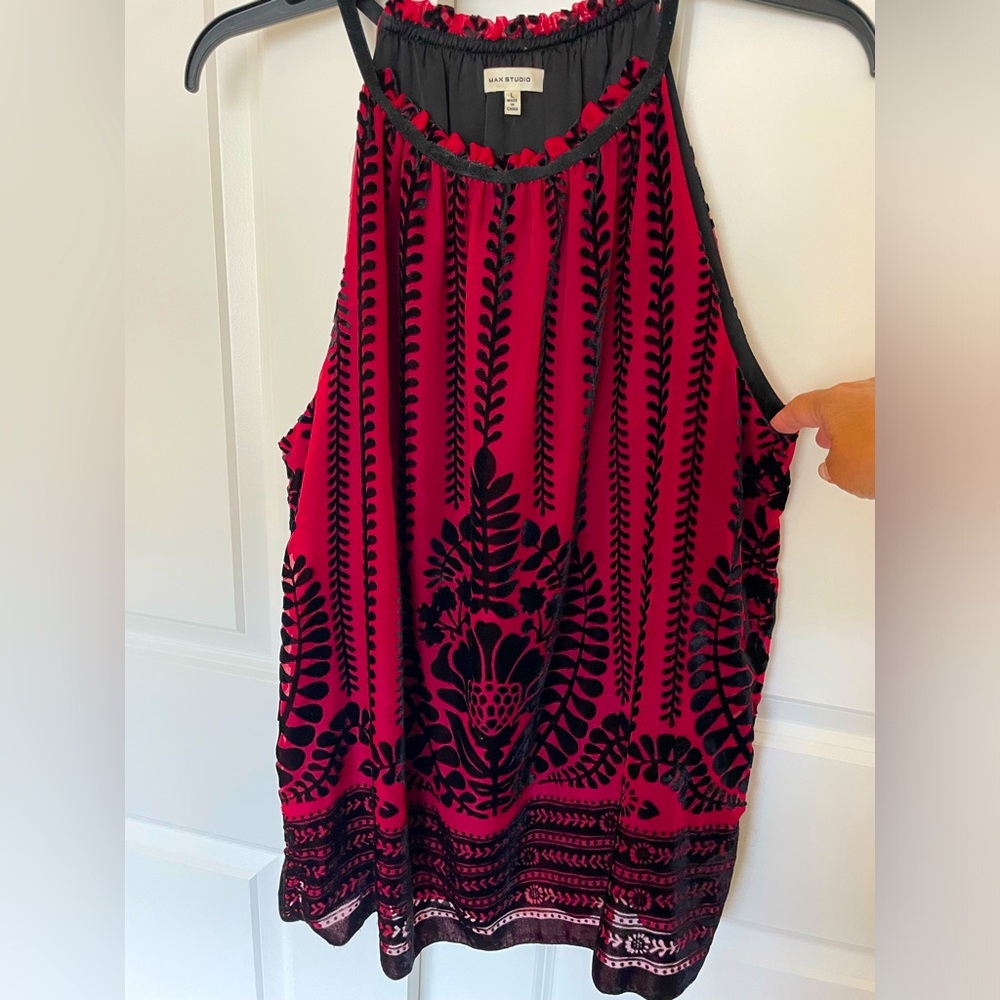 Max Studio Red & Black Sheer & Faux Velvet Top